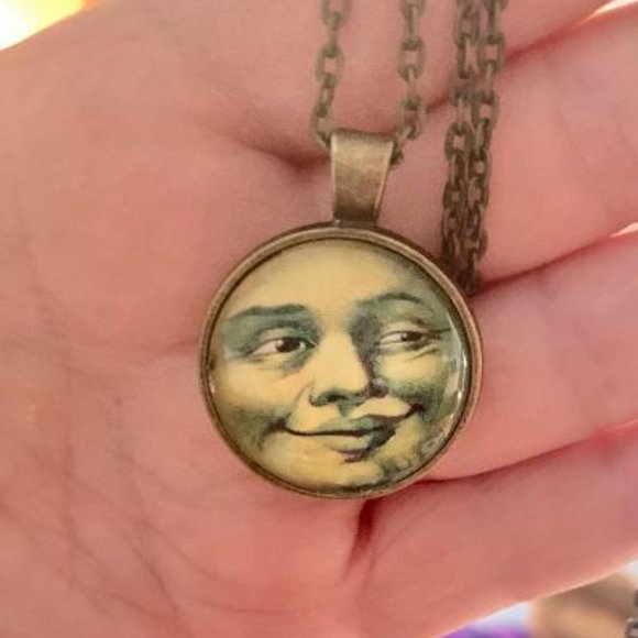Hand Crafted Jewelry - Moon Face Necklace With 24 Inch Rolo Chain